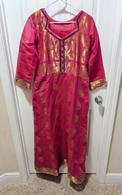 Indian Kurta Dress Pink Gold Purple Tunic Ethnic Boho Side Slits Size M Formal